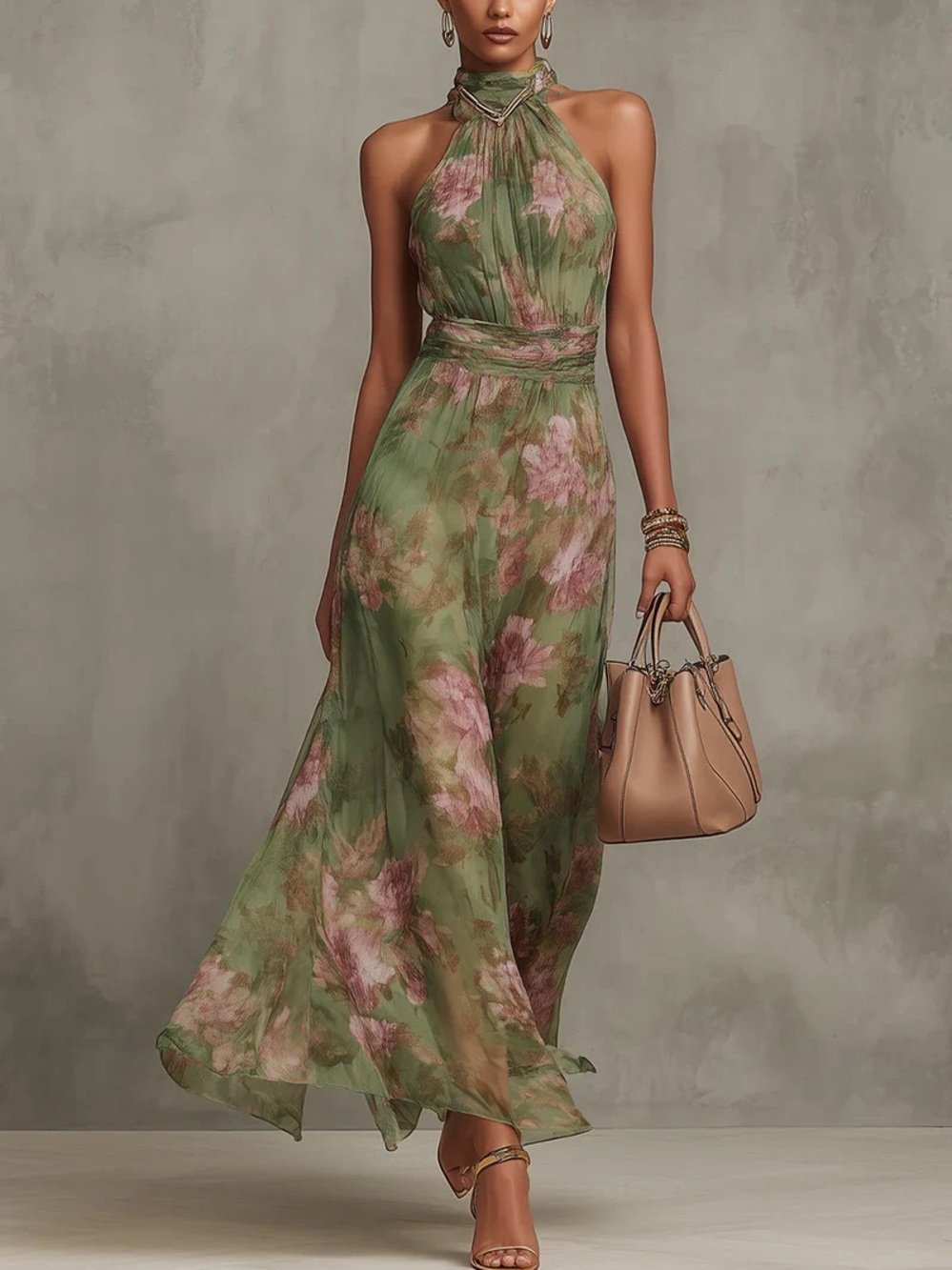 Floral Halter Neck Maxi Dress